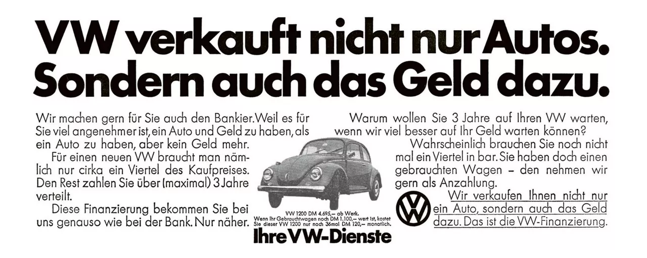 Press article with the title: VW not only sells cars, but also the money to go with it